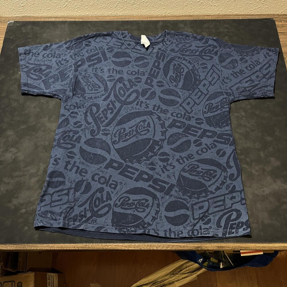 Pepsi Shirt Mens XL Blue All Over Print Cola Bottle Cap Graphic Gildan Cotton